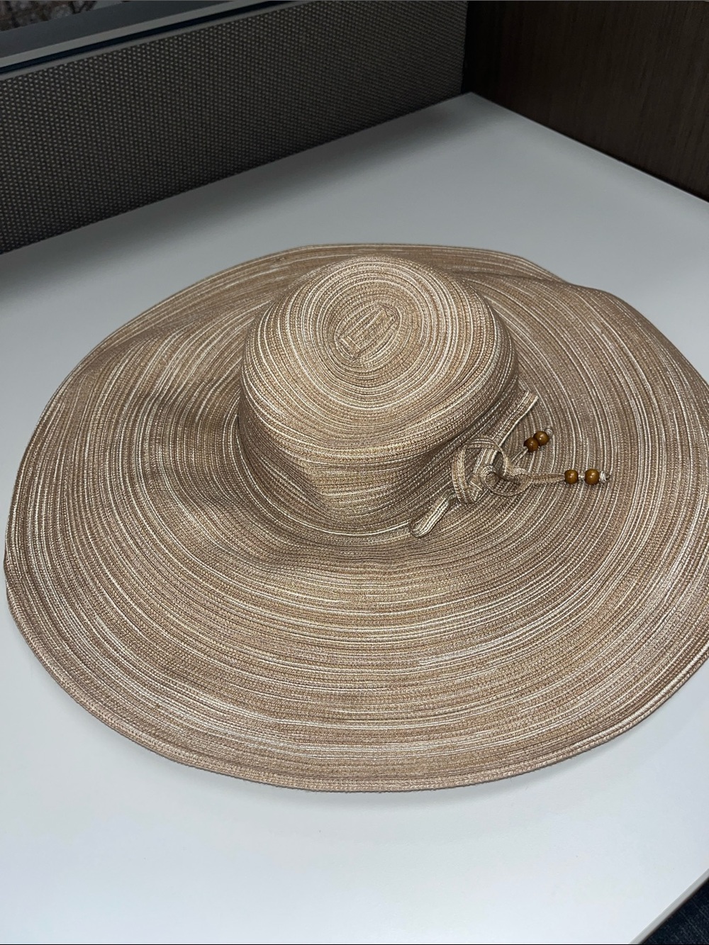 August Hats Wide-Brim Straw Look Sun Hat - Tan & Cream W/ Bead Accents